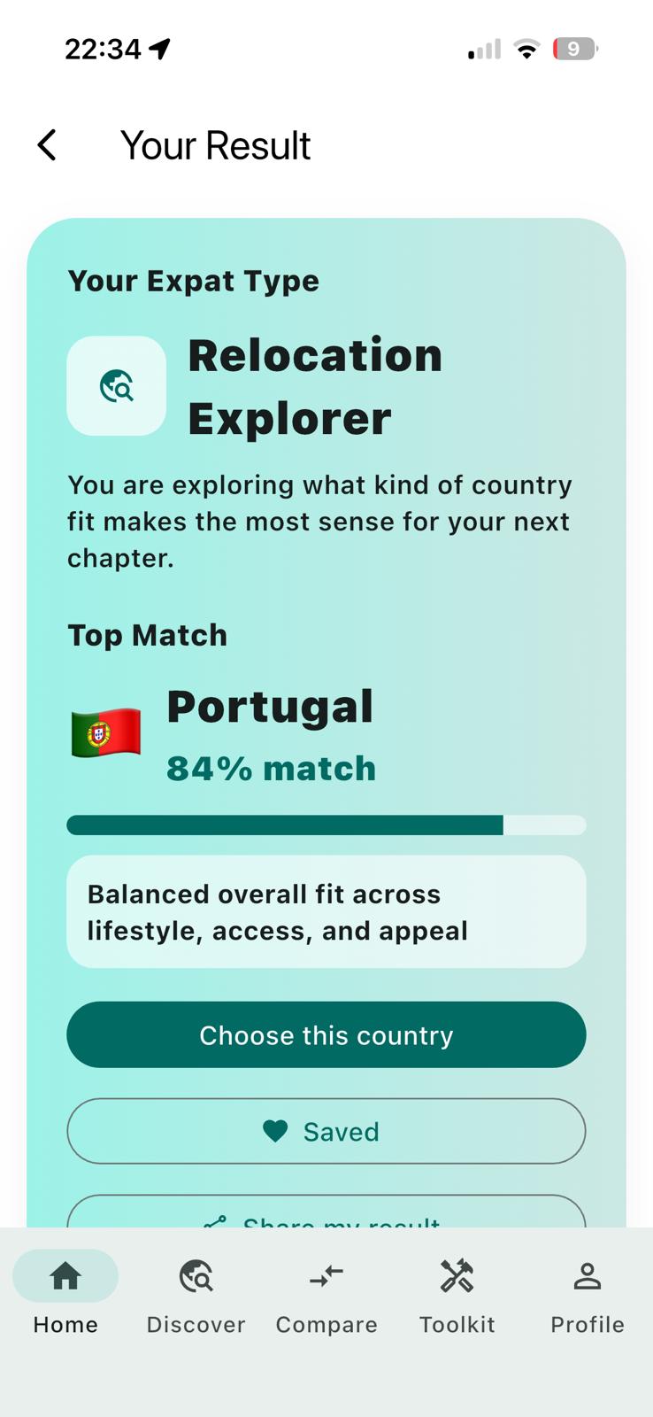 Expatgo result screen showing a Portugal match