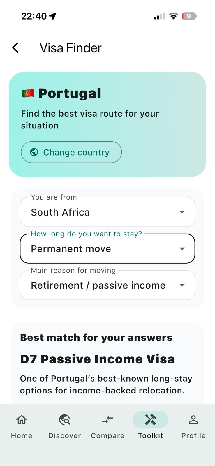 Expatgo visa finder screen showing the D7 passive income visa