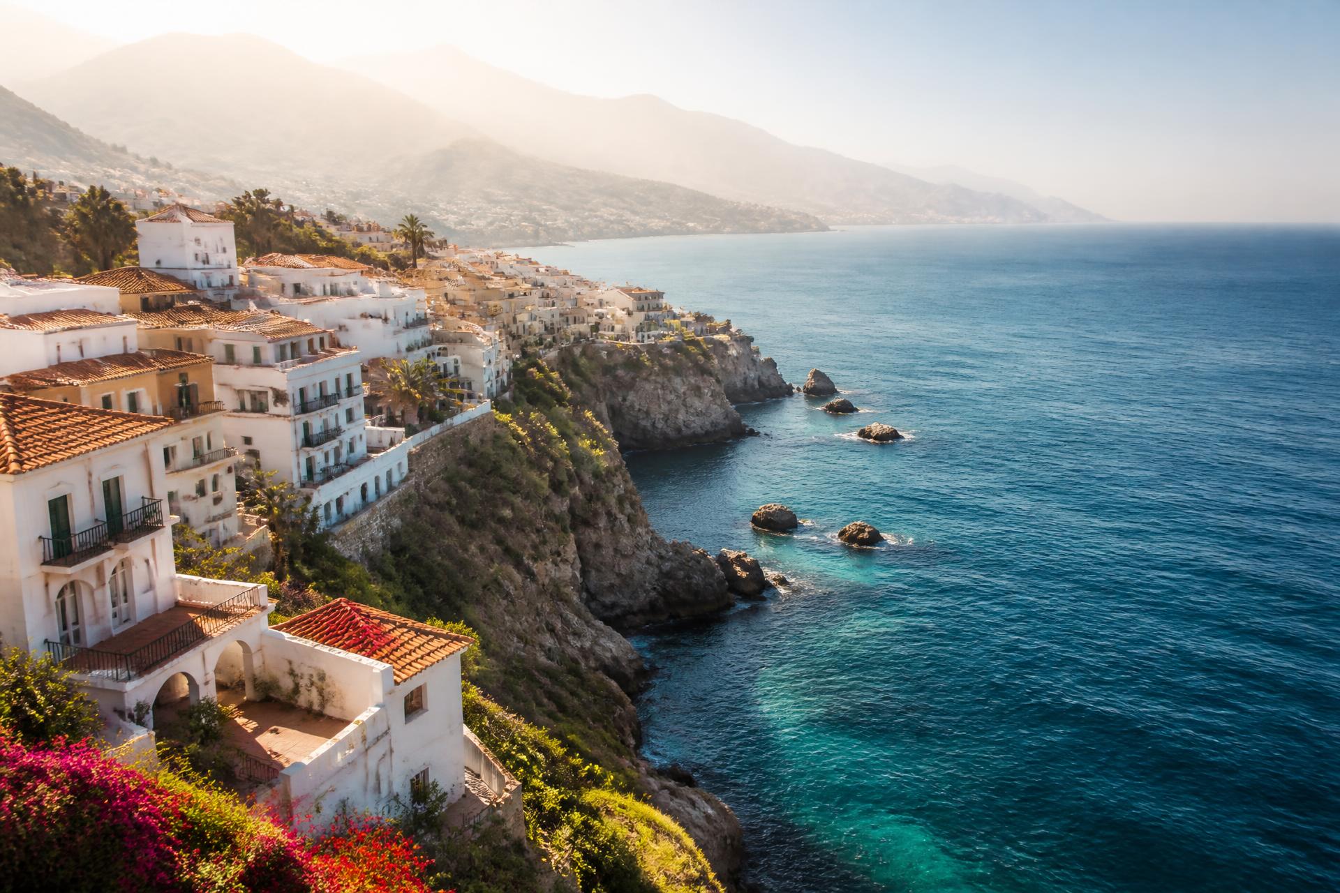 Coastal town on cliffs above turquoise sea